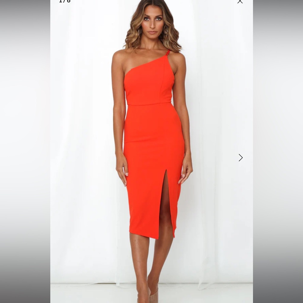 Hello Molly Bright Orange One-Shoulder Midi Dress